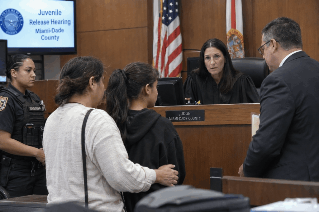 Judge Deciding in a miami-dade court room for Release a girl to a parent or guardian in juvenile arrest
