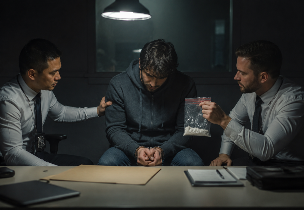 two police man Interrogating a man with drugs