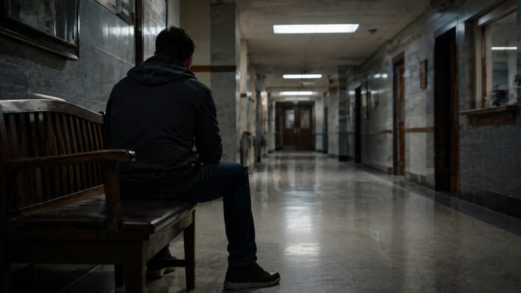 A man waiting in a Quiet Corridor after Losing his kids in Domestic Violence Charges