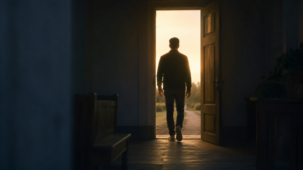 man Stepping Into Golden Light