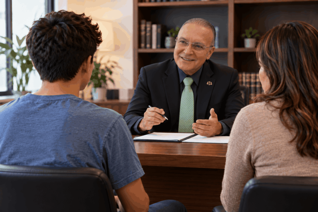 A teenager and his mother meeting with a defense attorney at his desk