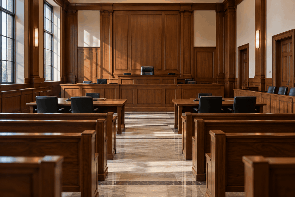 An empty courtroom with the judge's bench, counsel tables and gallery benches