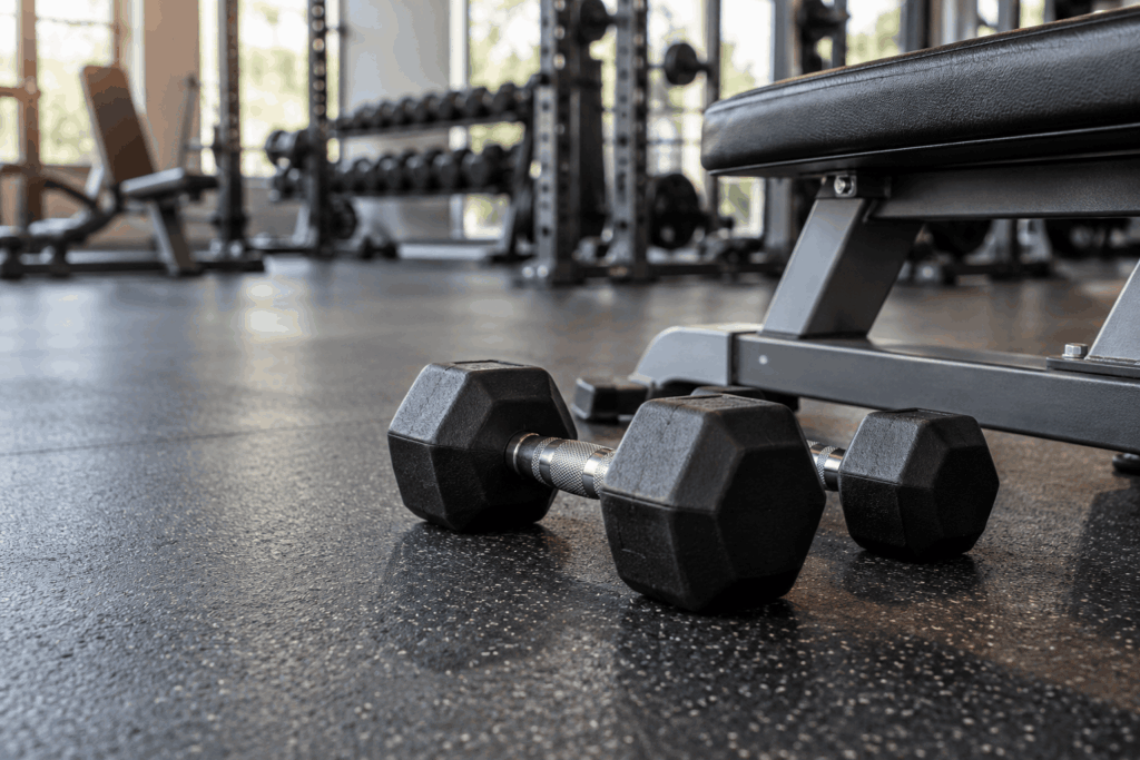 Dumbbells on the floor beside a weight bench in an empty gym