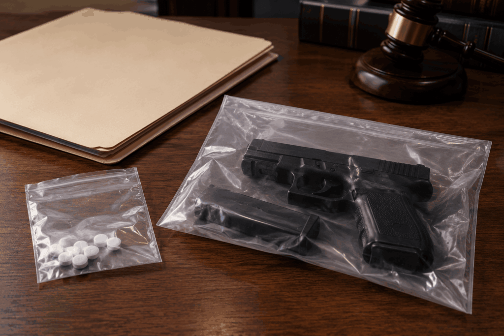 Evidence bags holding pills and a handgun with a magazine on a desk, next to case files and a gavel